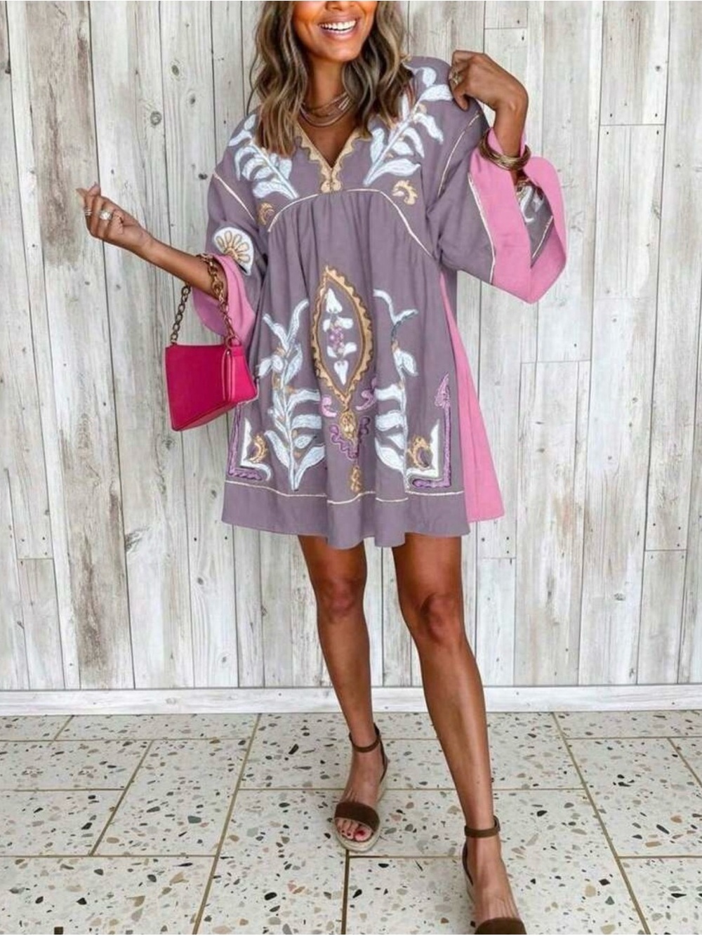 Floral Embroidered Pink & Mauve V-Neck Women’s Dress